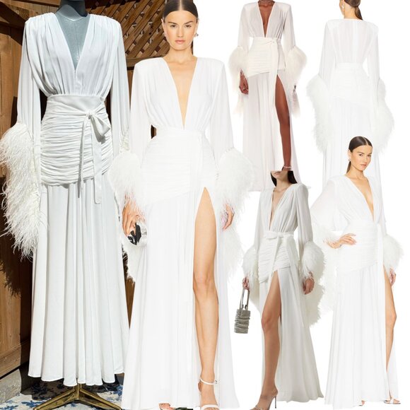🆕 BRONX & BANCO 🧿 NWOT Geisha Blanc Feather-Trim Maxi Dress, White - Sz S US 4 - Picture 1 of 15